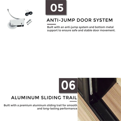 Anti-jump door system and aluminum sliding trail with text on a white background