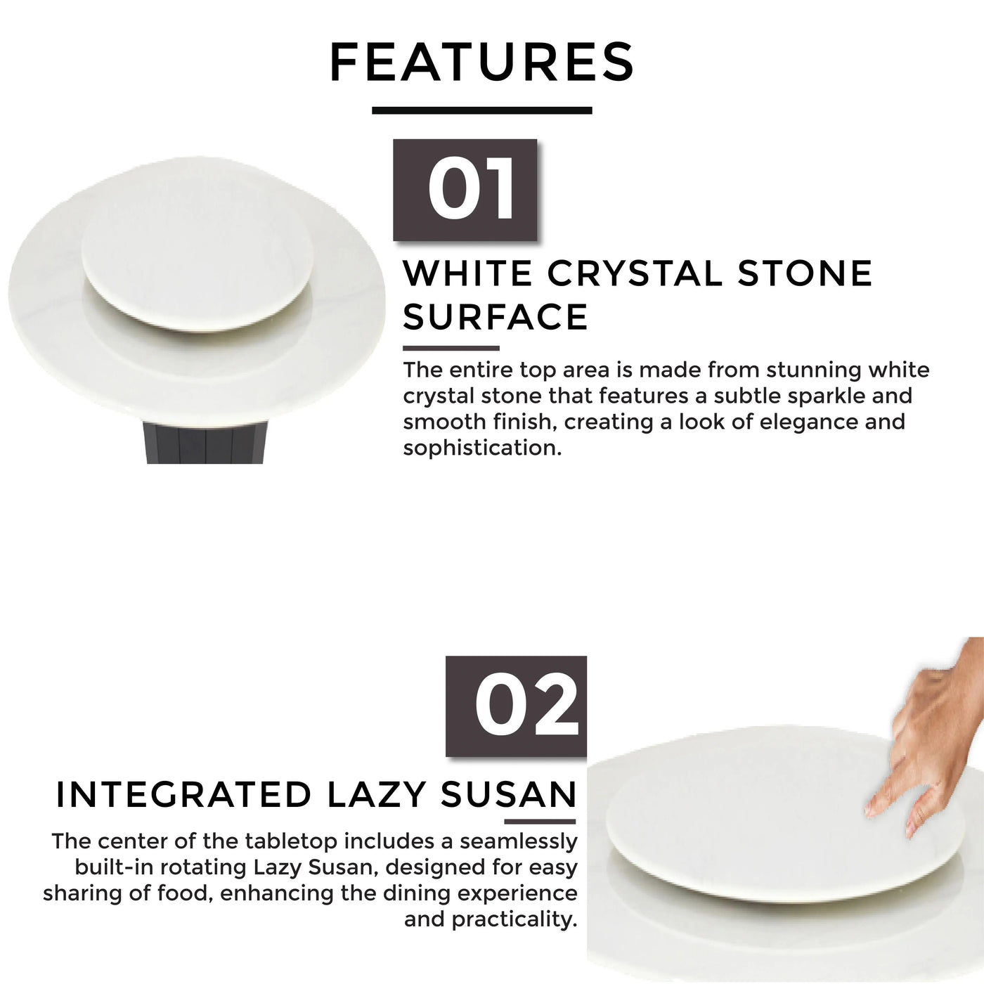 FERNI Marble Dining Table  with round white crystal stone surface and Lazy Susan