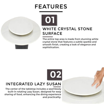 FERNI Marble Dining Table  with round white crystal stone surface and Lazy Susan