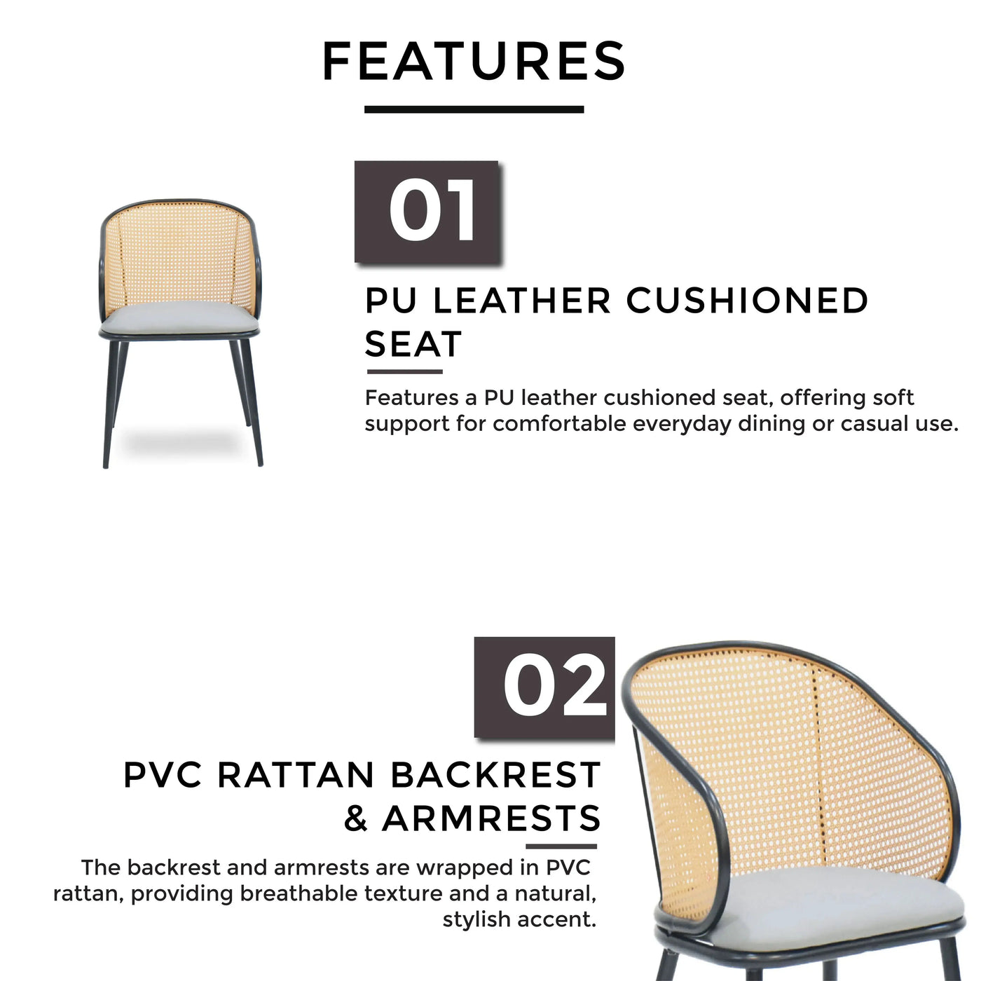 PU cushioned seat with PVC rattan backrest, sturdy black metal frame, and compact space-saving design.