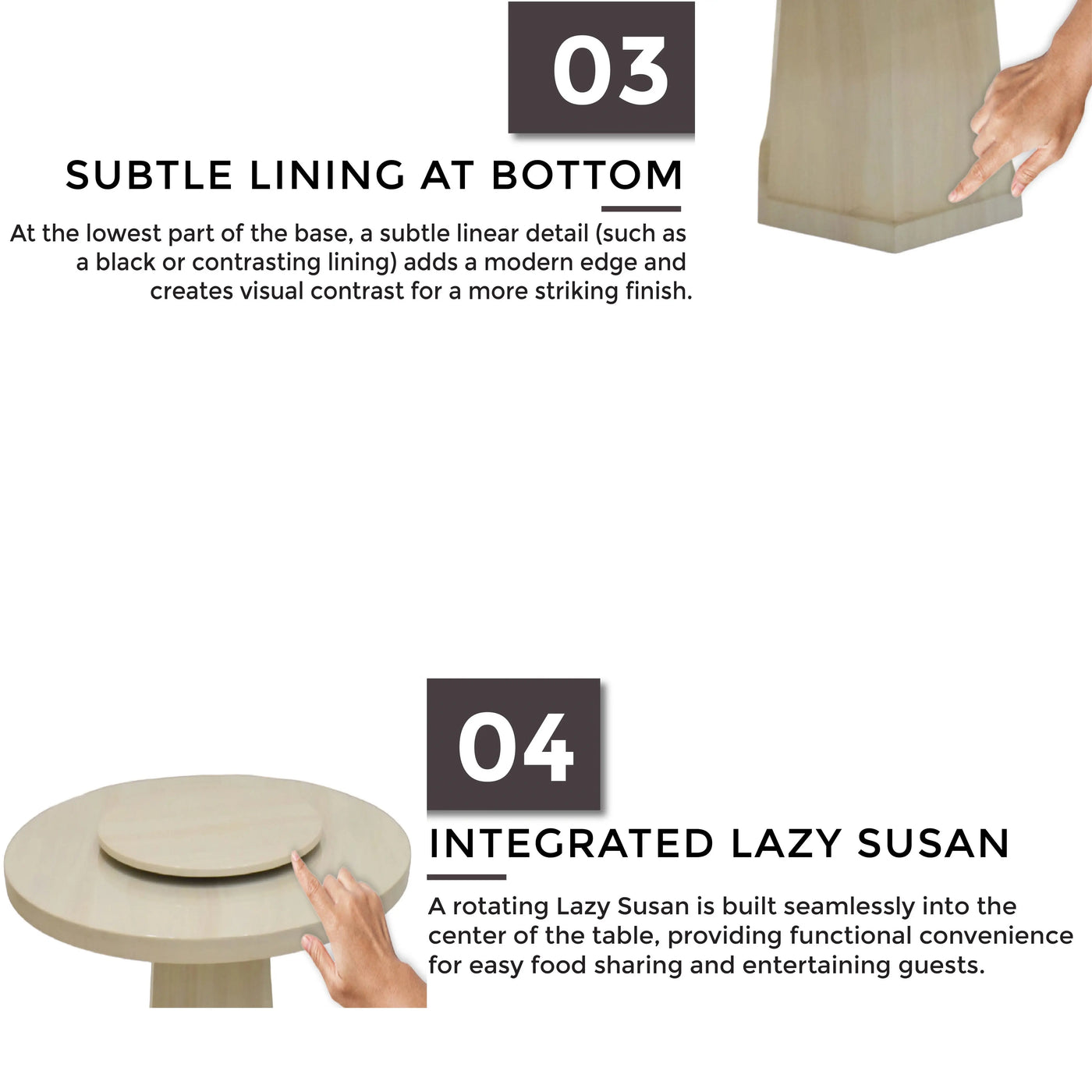 GYLIA Marble Dining Table with subtle base lining and built-in Lazy Susan for convenient shared dining - TD Furniture