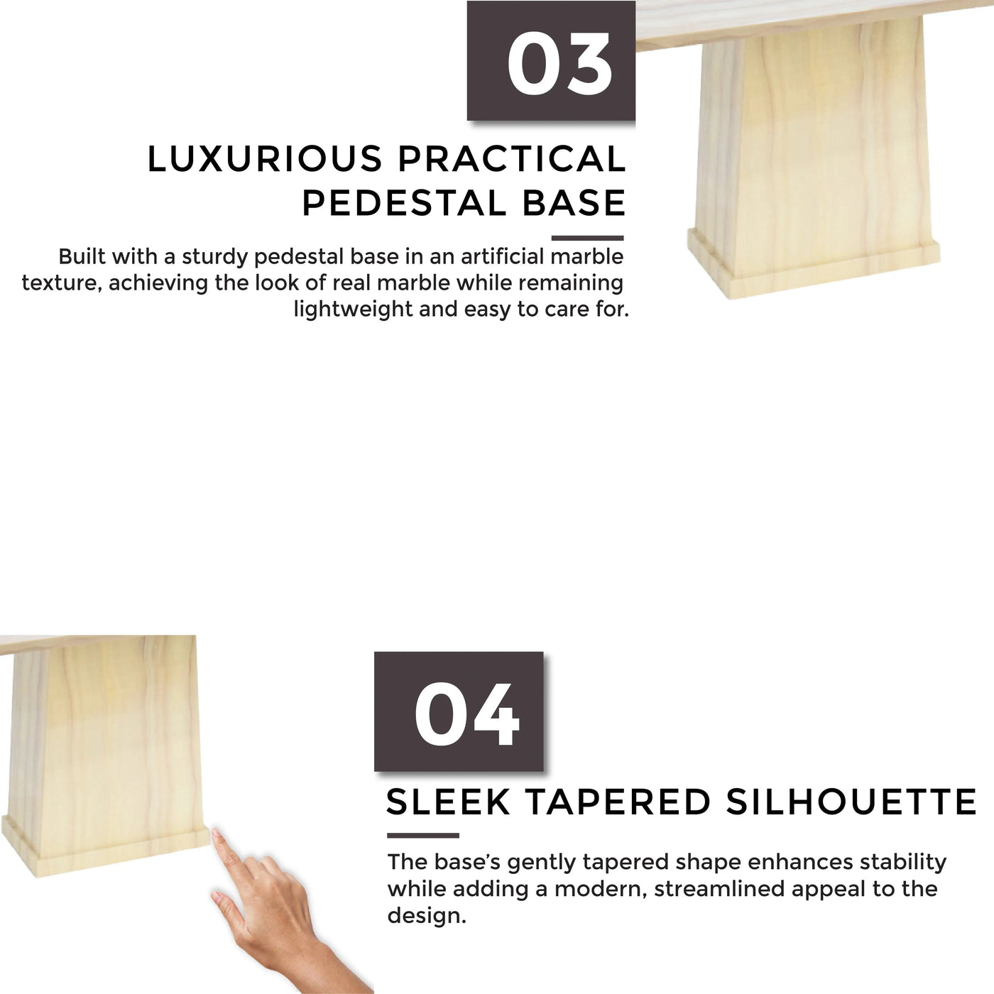 Natural marble with artificial texture, safe rounded edges, luxurious pedestal base, and sleek tapered silhouette.