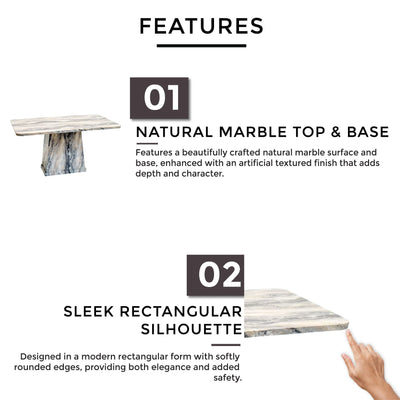 Natural marble top & Base and sleek rectangular silhouette.