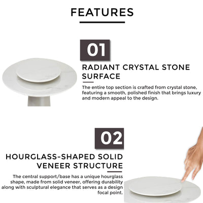 Round Marble Dining Table with radiant crystal stone top and sculptural hourglass veneer structure - TD Furniture