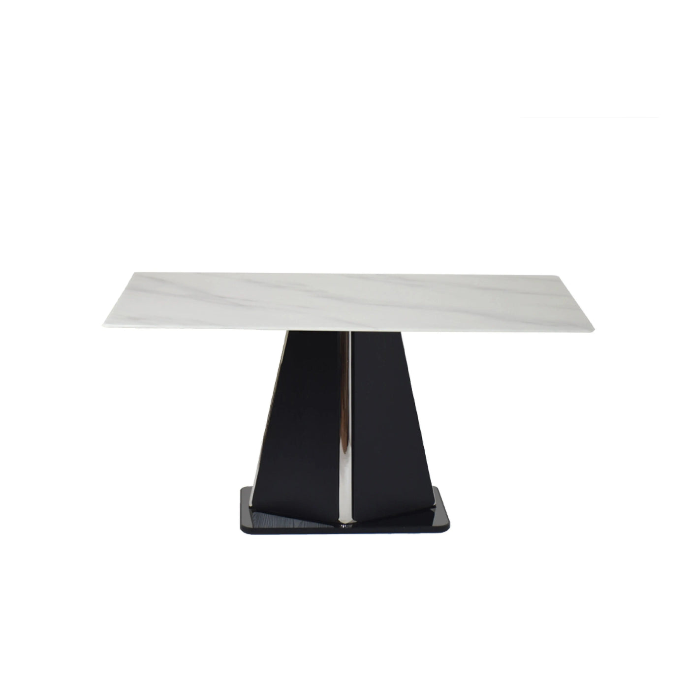 JORA Marble Dining Table with modern rectangular dining table with white crystal stone top and bold black veneer base.