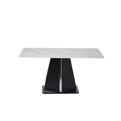 JORA Marble Dining Table with modern rectangular dining table with white crystal stone top and bold black veneer base.