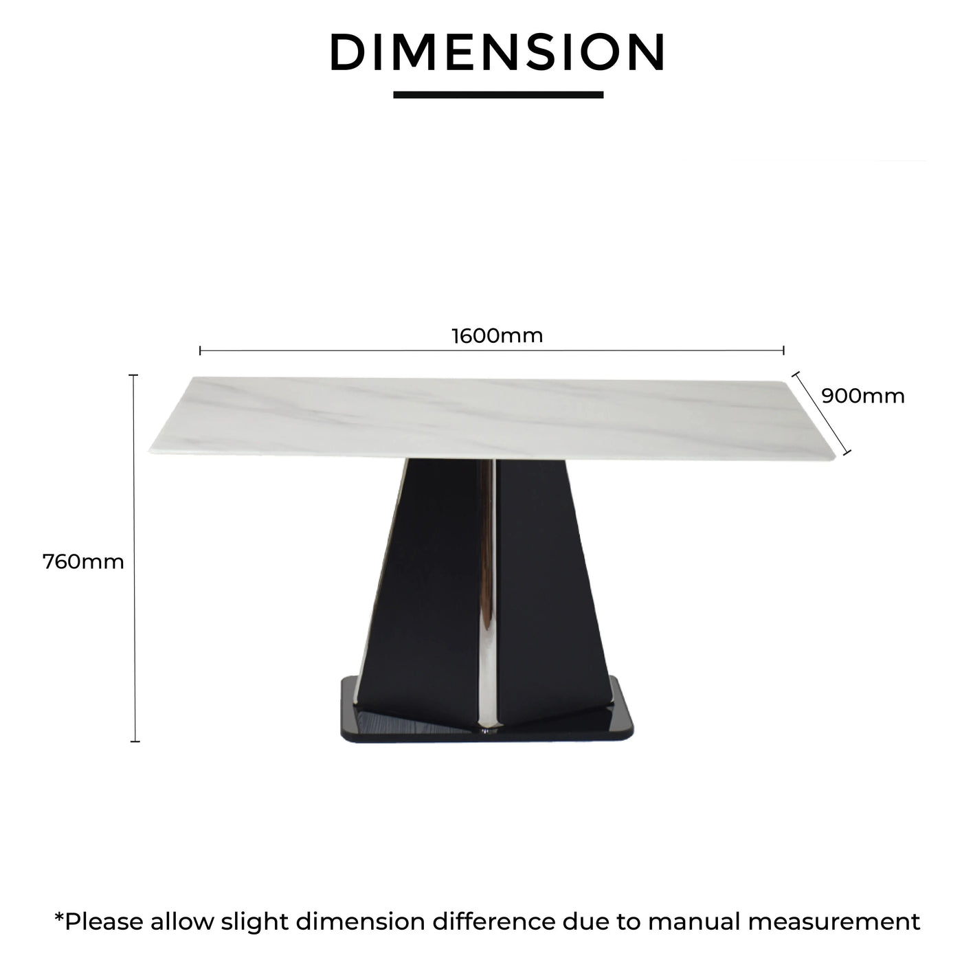 1600mm length x 900m depth x 760mm height, showcasing crystal stone surface and solid base.
