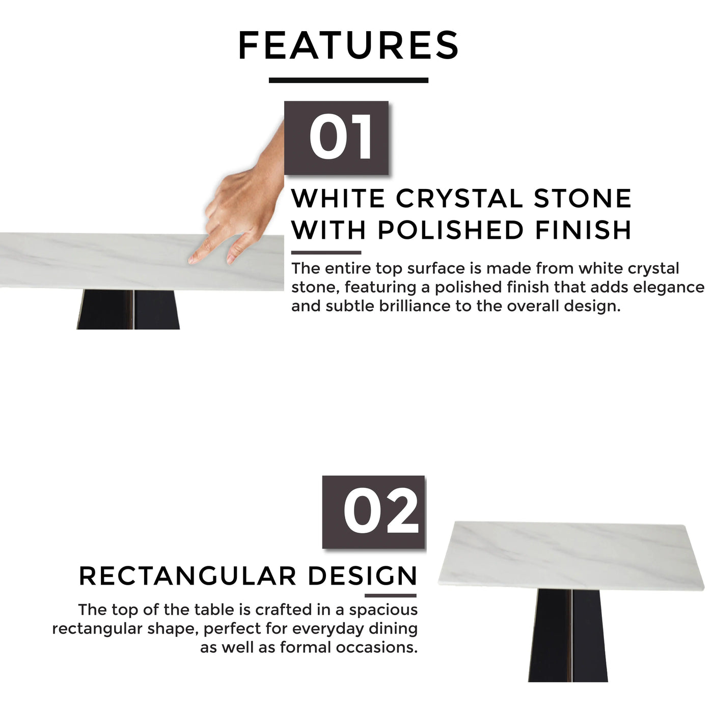White crystal stone with polished finish, rectangular design, refined sharp edges, and solid black veneer structure