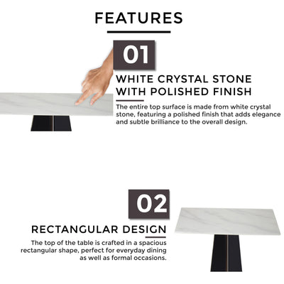 White crystal stone with polished finish, rectangular design, refined sharp edges, and solid black veneer structure