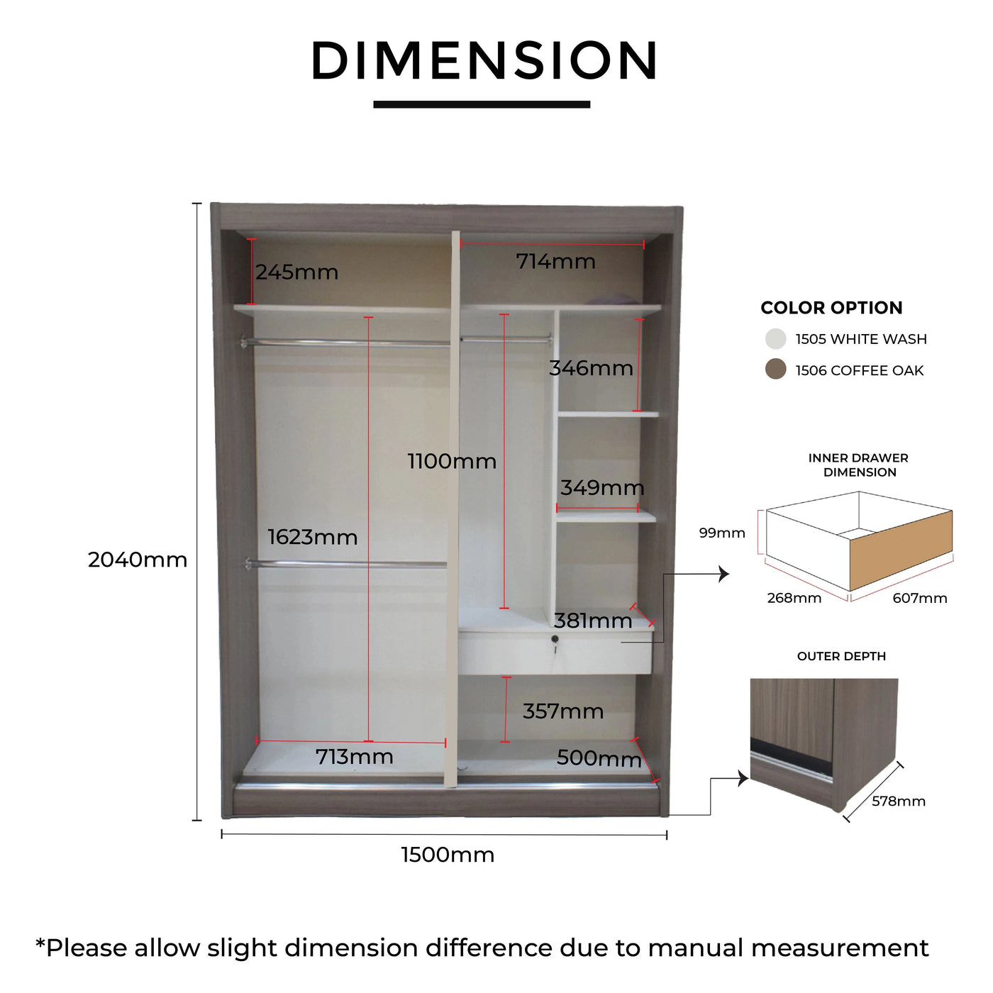Closet dimensions diagram with measurements and color options.