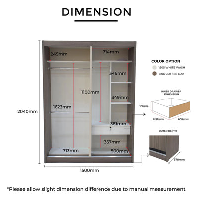 Closet dimensions diagram with measurements and color options.