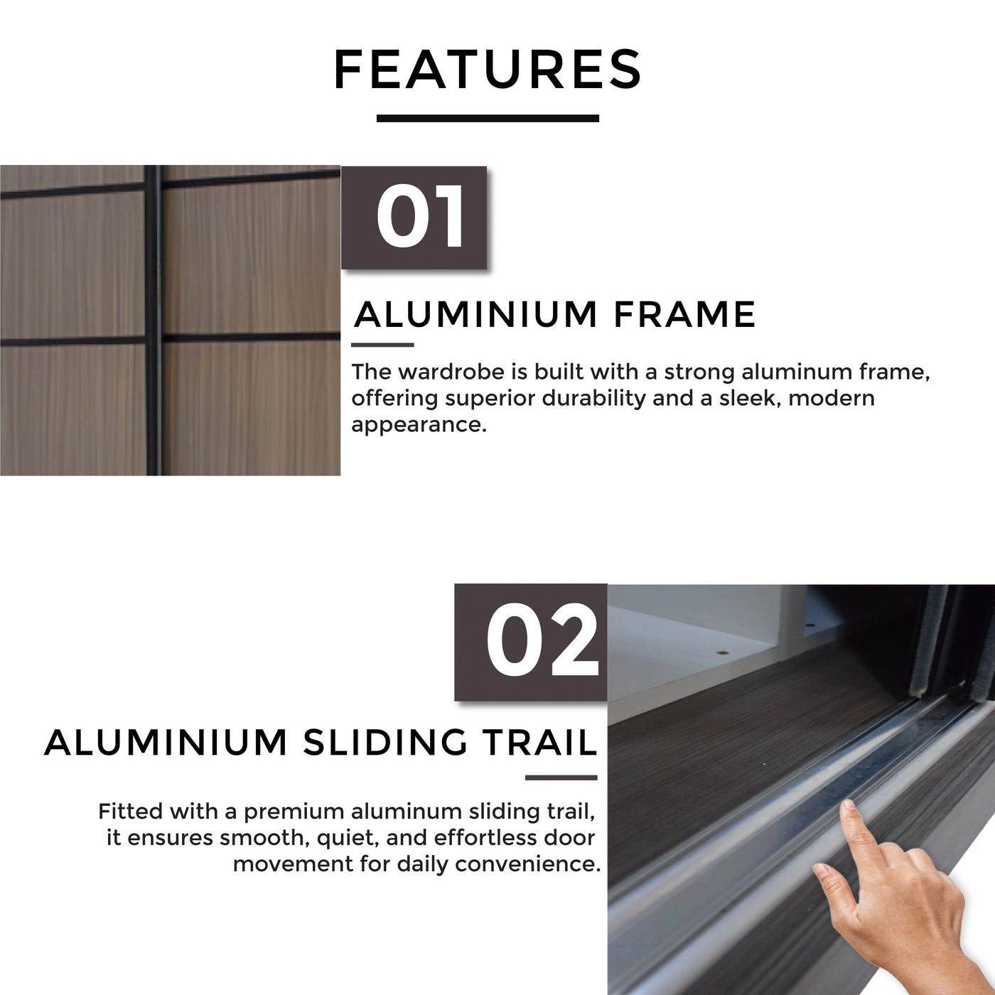 Wardrobe with aluminium frame and sliding trail features on a white background