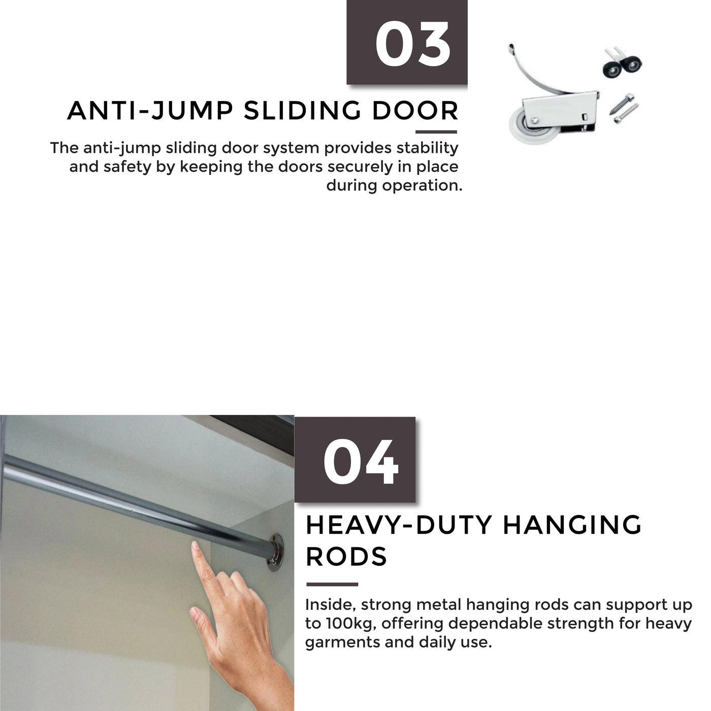 Anti-jump sliding door system with heavy-duty hanging rods on a white background