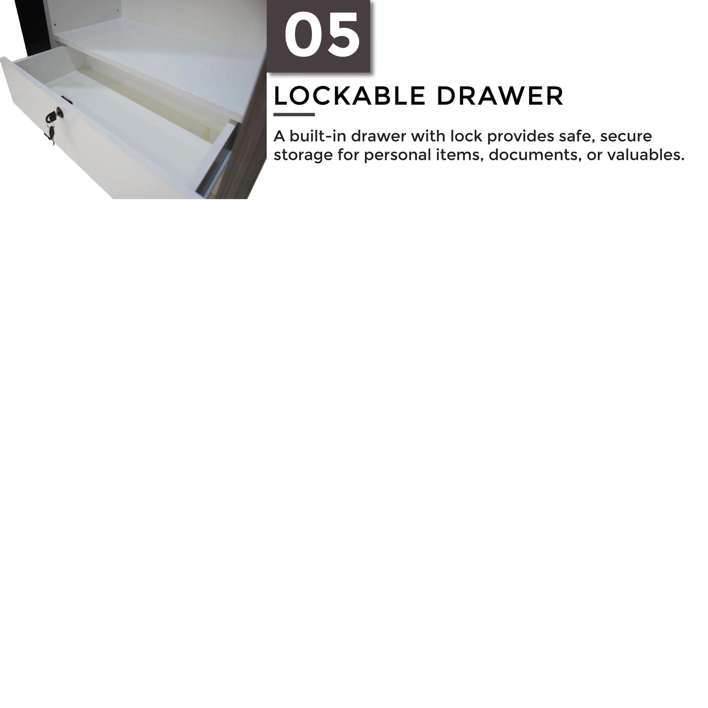 Lockable drawer with text explaining its security benefits on a white background