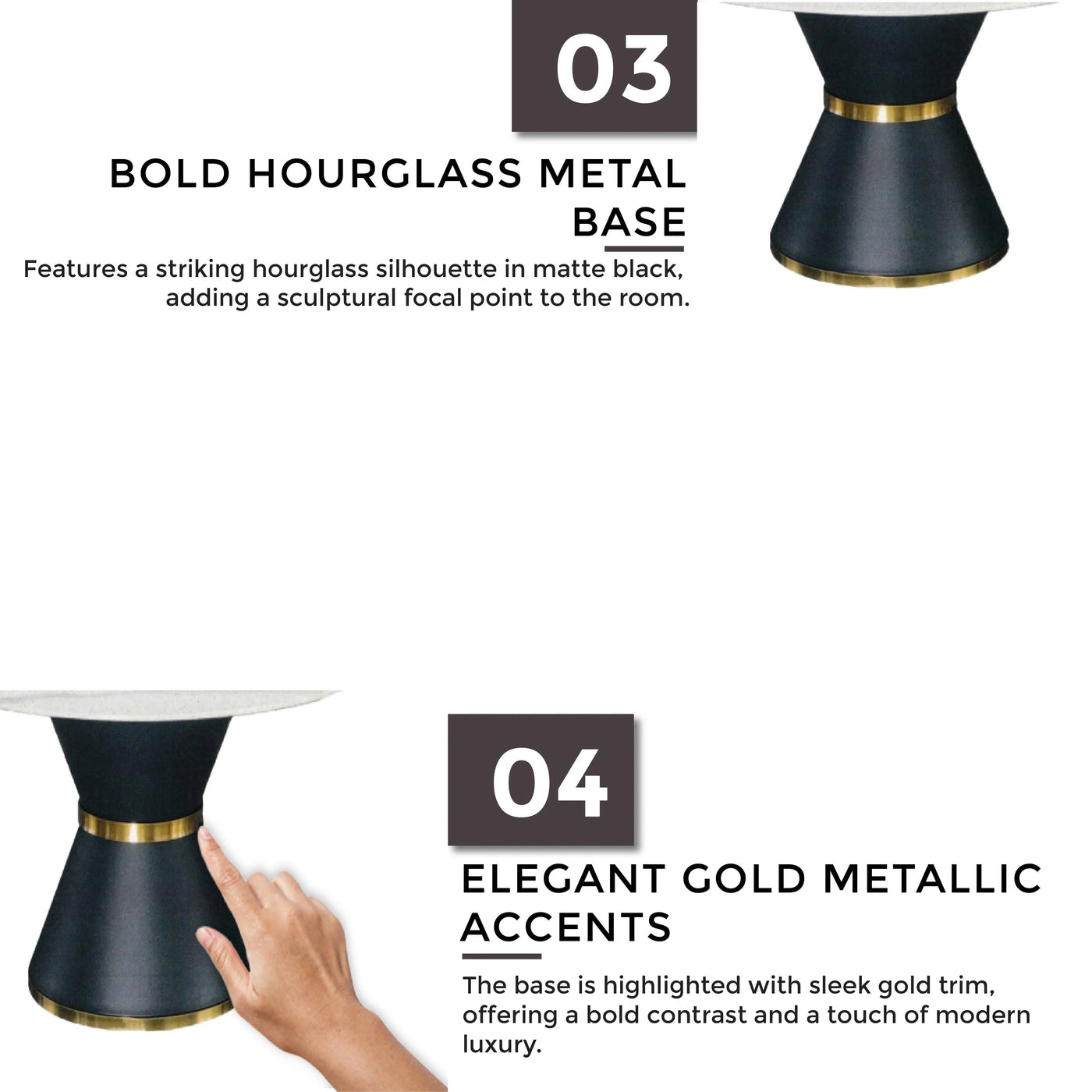 KAELLA Marble Dining Table with bold hourglass-shaped black metal base and elegant gold metallic trim for contemporary interiors - Td Furniture