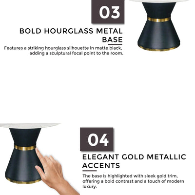 KAELLA Marble Dining Table with bold hourglass-shaped black metal base and elegant gold metallic trim for contemporary interiors - Td Furniture