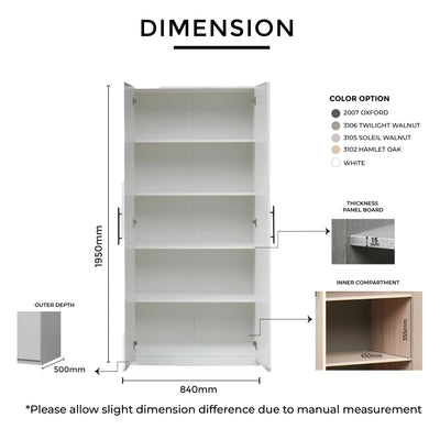 W840mm × D500mm × H1950mm with full-height swing door layout