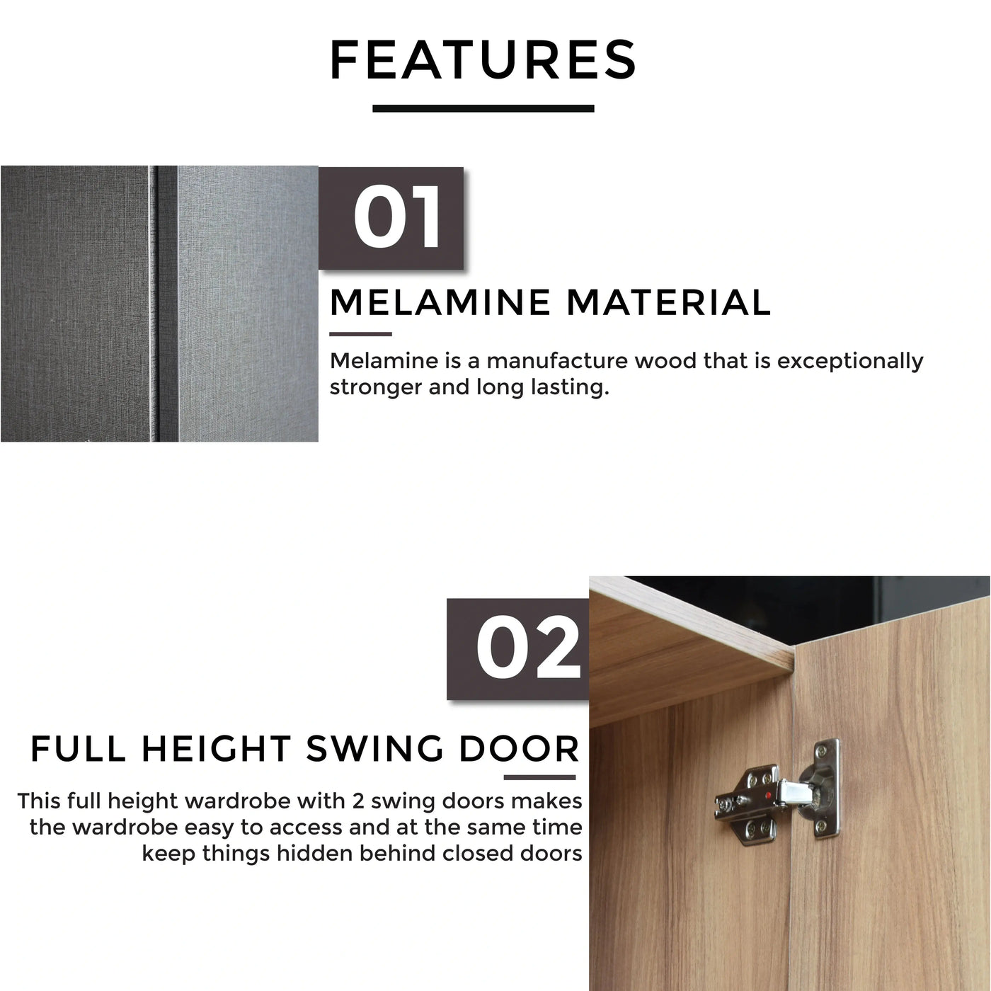Product features including melamine material and full height swing door on a white background.