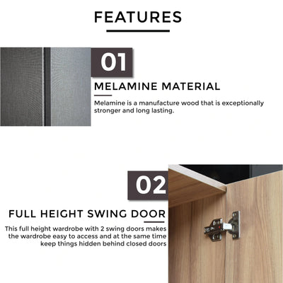 Product features including melamine material and full height swing door on a white background.