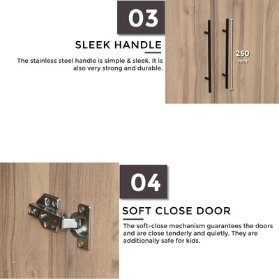 Wooden door with sleek handle and soft-close mechanism, featuring text on durability and safety.