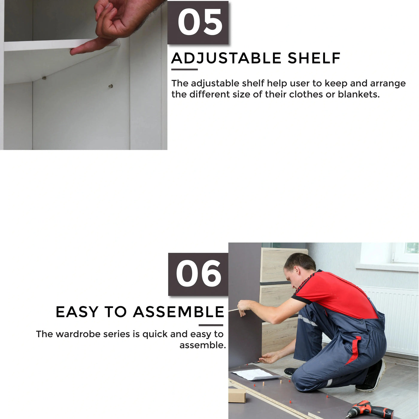 Person assembling a wardrobe with text highlighting adjustable shelf and ease of assembly.