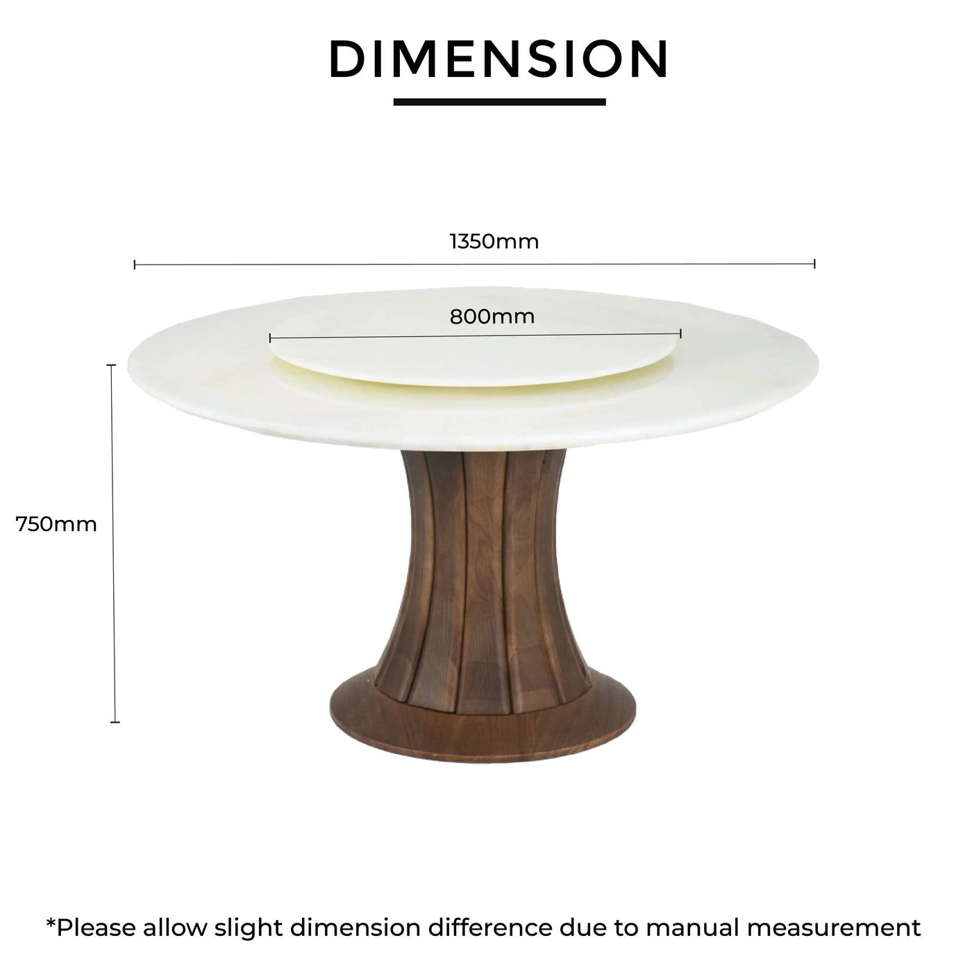 LUMIN Marble Dining Table dimensions L1350mm H750mm RD800mm with jade stone top