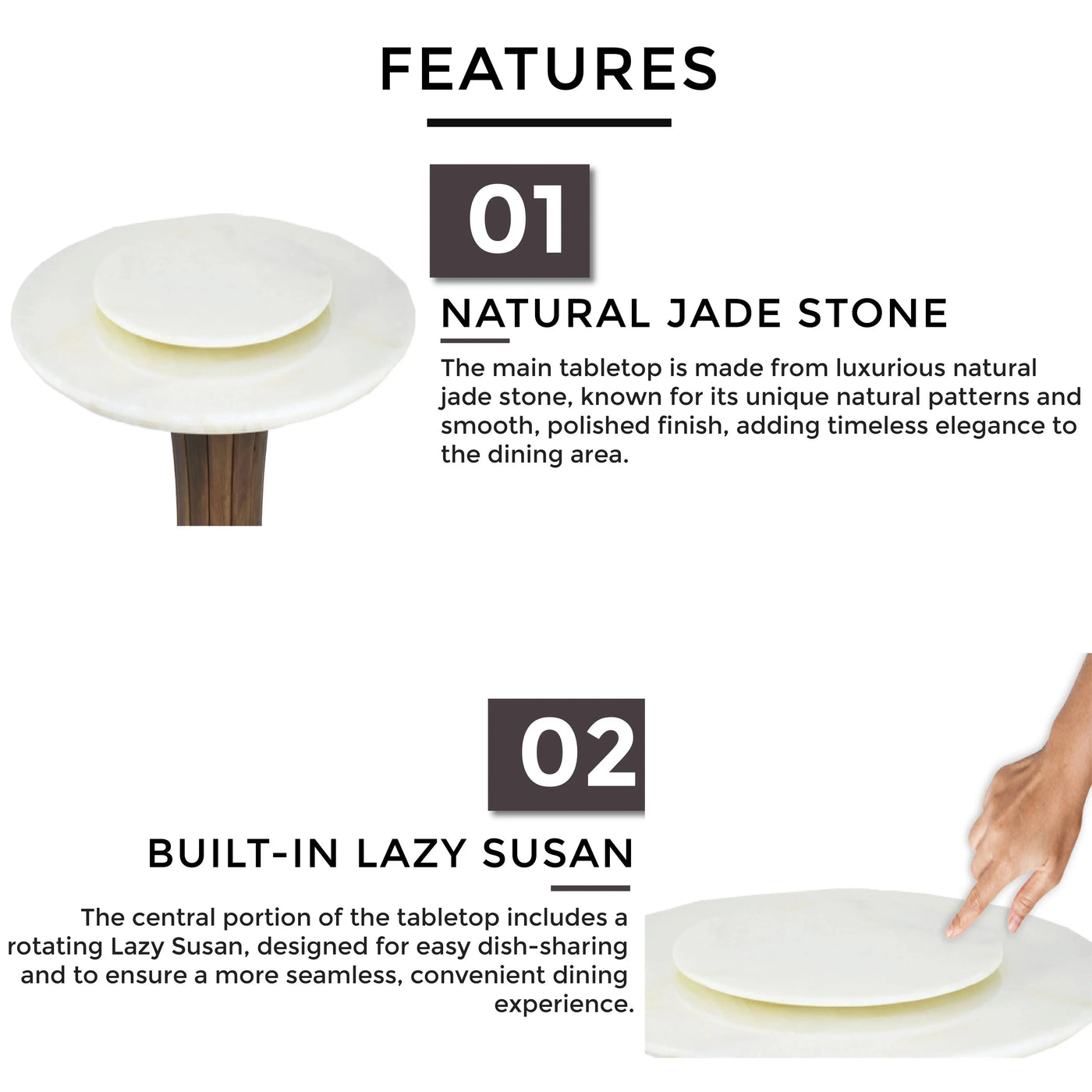 LUMIN Marble Dining Table with round natural jade stone top and built-in Lazy Susan
