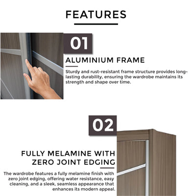 Wardrobe features with aluminium frame and fully melamine finish on a white background