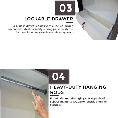 Lockable drawer and heavy-duty hanging rods with text describing features.