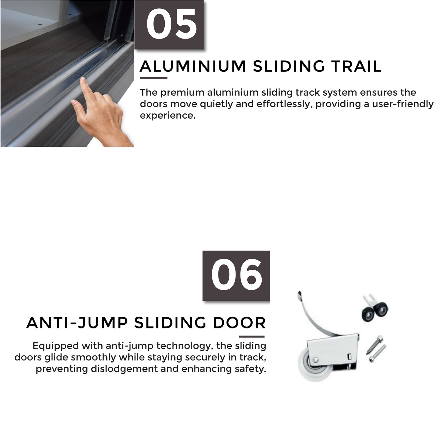 Advertisement for aluminium sliding trail and anti-jump sliding door system with text and product illustration.