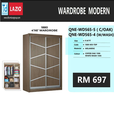 Modern wardrobe with sliding doors, showing dimensions and price on a white background.