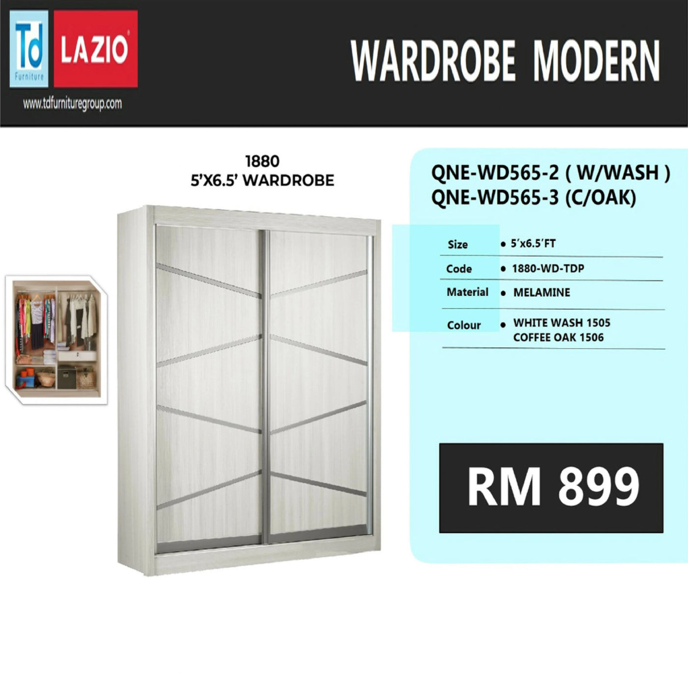 Modern wardrobe with sliding doors, brand 'TD Lazio' displayed, price RM 899.