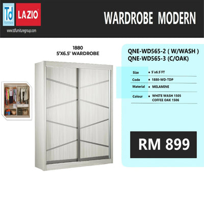 Modern wardrobe with sliding doors, brand 'TD Lazio' displayed, price RM 899.