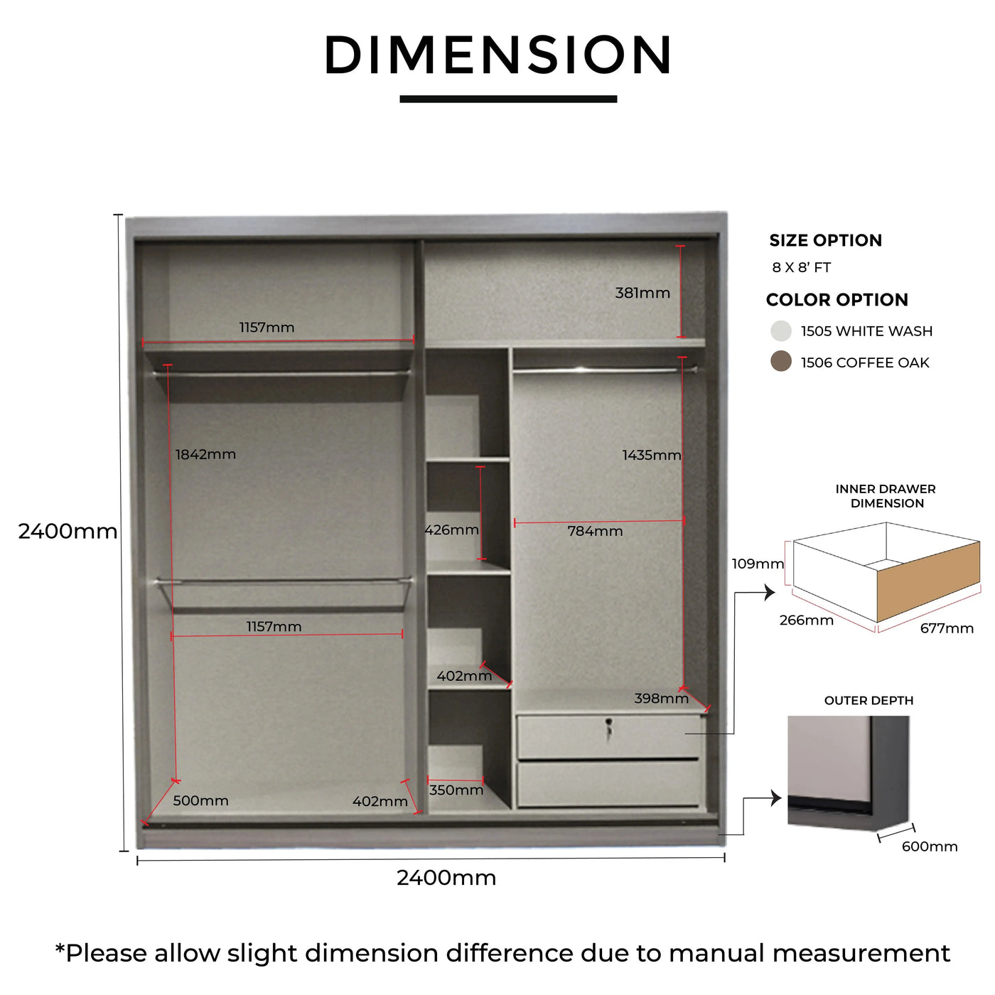 Wardrobe dimensions and color options with measurements on a white background