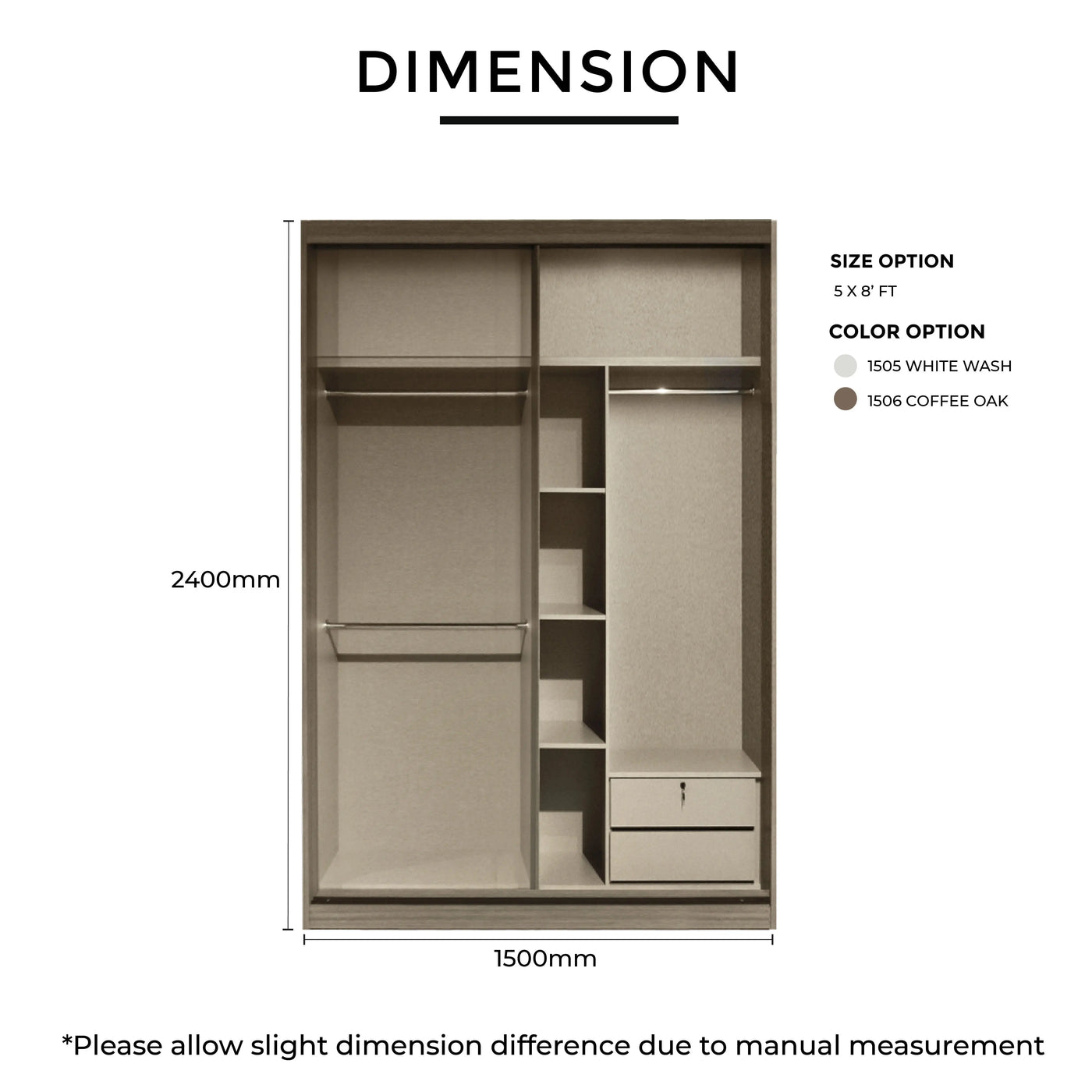 Wardrobe dimensions and color options on a white background