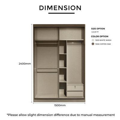 Wardrobe dimensions and color options on a white background