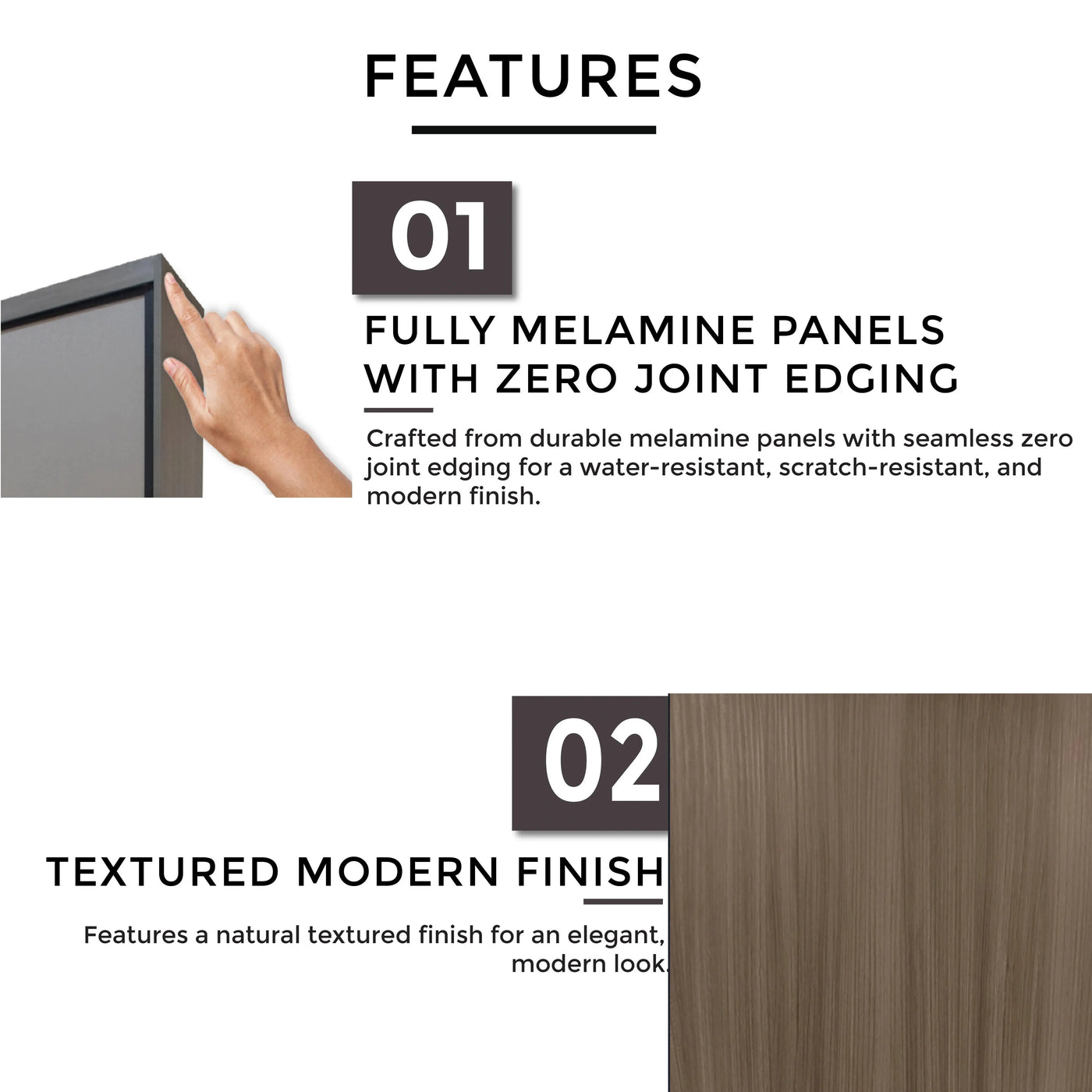 Product features with text on a white background