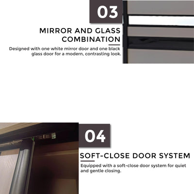 Product features including mirror and glass combination and soft-close door system on a white background.