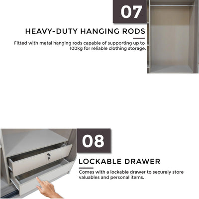 Closet with heavy-duty hanging rods and lockable drawer, highlighting storage features.