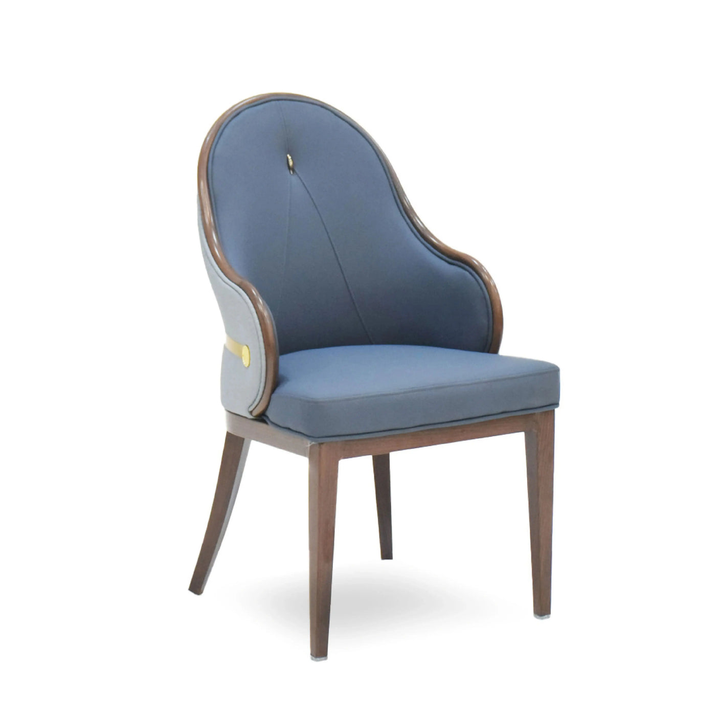 Two-tone blue and grey hi-tech fabric seat with curved wooden frame and cushioned design.