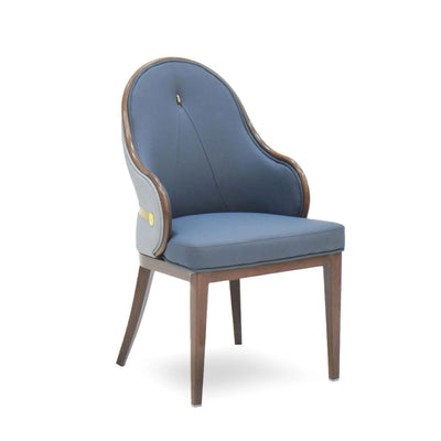 Two-tone blue and grey hi-tech fabric seat with curved wooden frame and cushioned design.