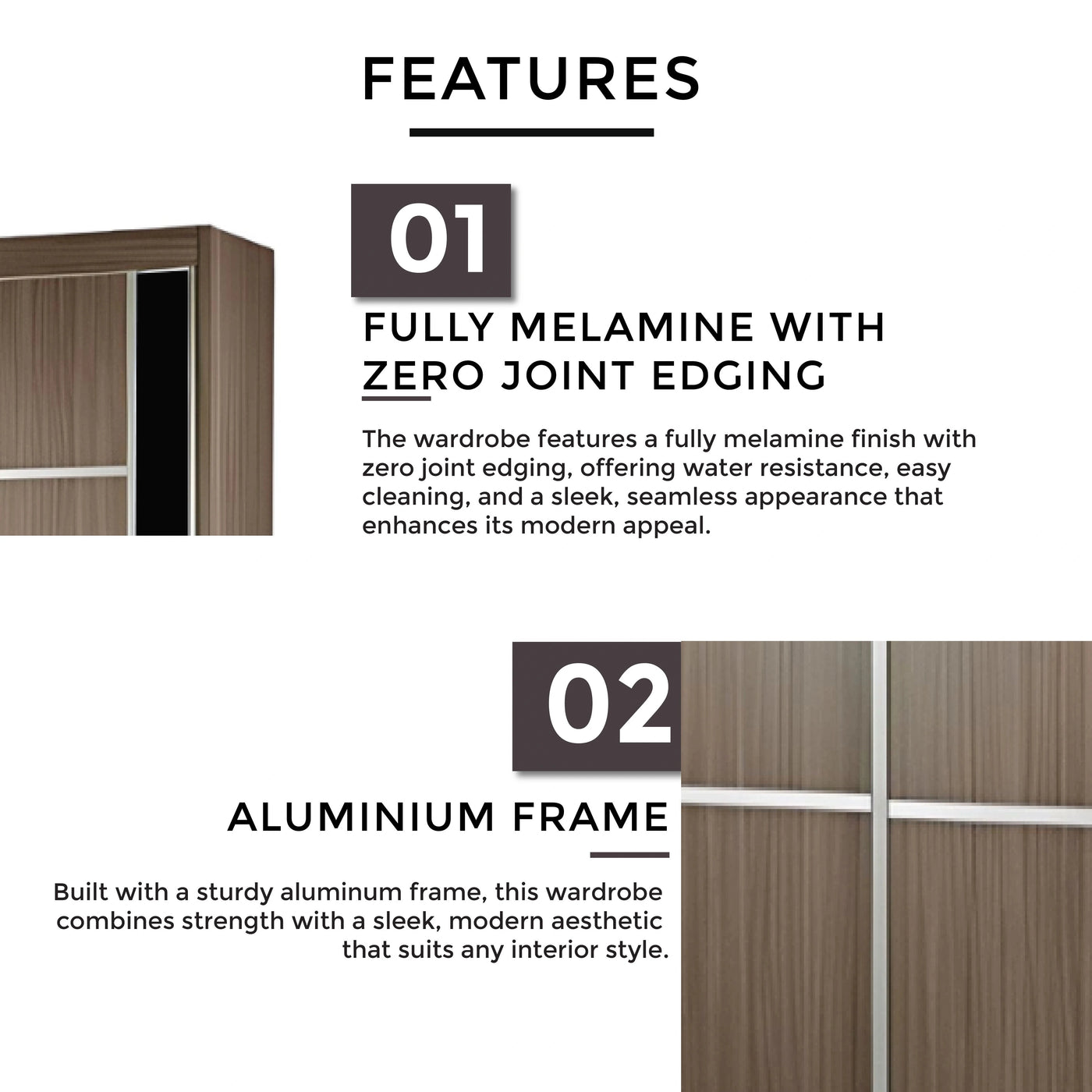 Wardrobe features with text on a white background