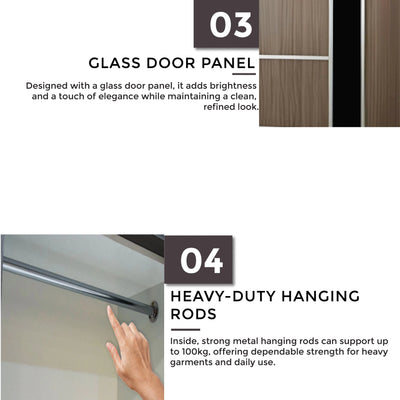 Glass door panel and heavy-duty hanging rods with text on a white background