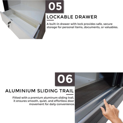 Lockable drawer and aluminium sliding trail features with text description on a white background