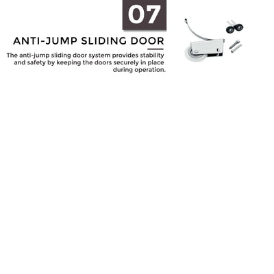 Anti-jump sliding door system with a roller and components on a white background.