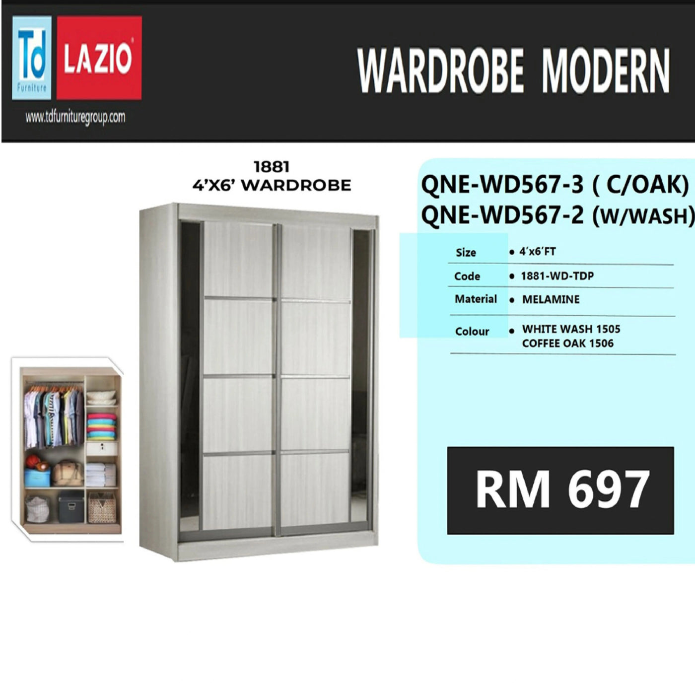 Modern wardrobe with sliding doors on a white background, featuring Lazio brand.