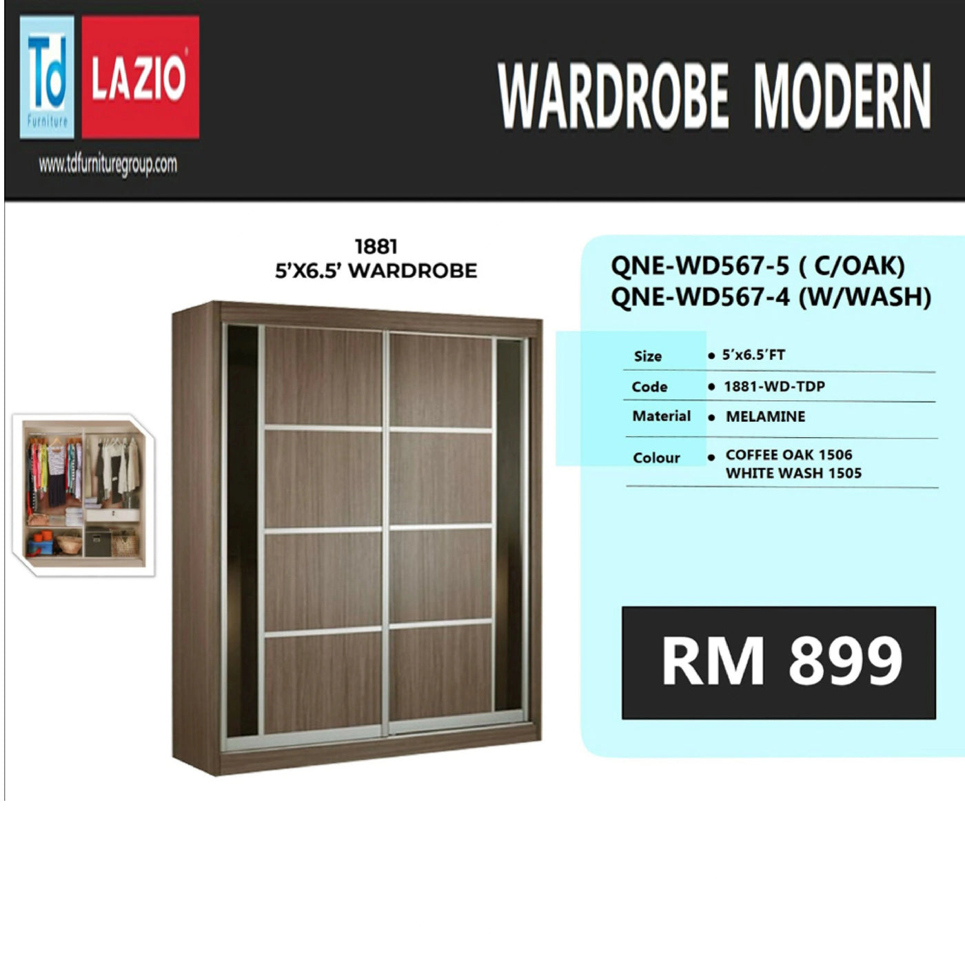 Modern wardrobe with dimensions and price details on a white background