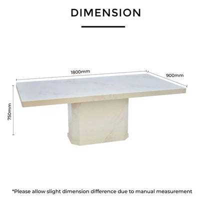 1800mm length × 900mm depth × 750mm height, rectangular marble table with sturdy base design.