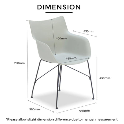 Width 530mm, depth 560mm, height 790mm, seat height 430mm – polypropylene seat with metal legs.