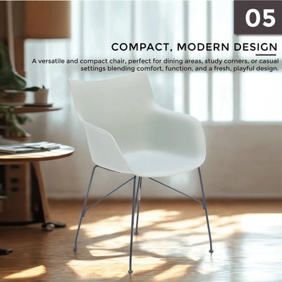 Light green chair with blue legs in a room with a table and plants, text about compact modern design.